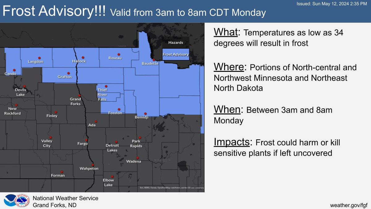 Temperatures as low as 34 degrees Monday morning will result in frost. Mainly areas north of highway 2 have the highest chance for frost Monday morning. Frost could harm or kill sensitive plants if left uncovered. #MNwx #NDwx