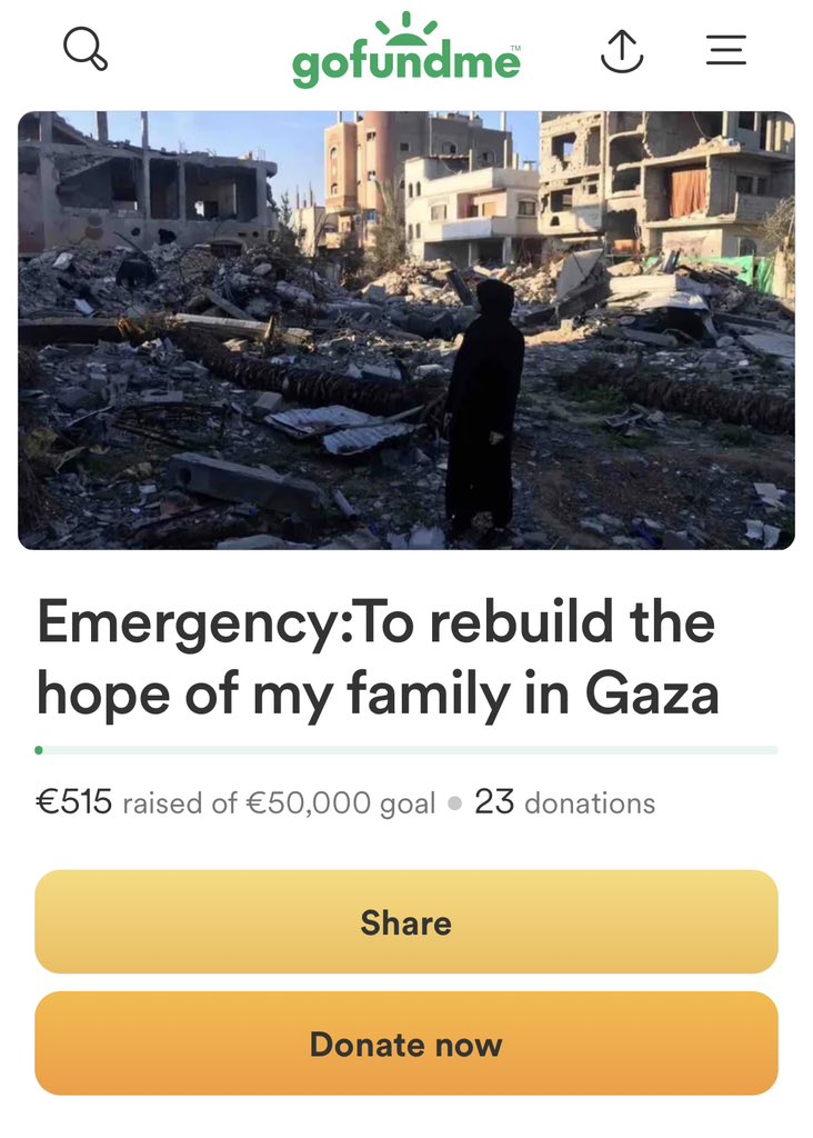 🚨🚨 DONATE OR SHARE PLEASE ❗️😔

We need 85€ to reach 600€ 🙏

I'm so tired trying to reach it, I post day and night to try to reach 50,000€ to save my family ❤️‍🩹🇵🇸
The situation is getting worse here 😭💔

gofund.me/65f2c0d2

paypal.me/gaza181377?cou…

#EndGazaGenocide