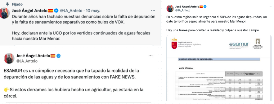 👉El vicepresidente Antelo hablando de 'vertidos continuados de aguas fecales al Mar Menor'. 👉El portavoz del grupo parlamentario VOX discutiendo en X (Twitter) con la Consejera de Agricultura. Y son socios de gobierno. 👉Y López Miras callado. rrnews.es/2024/05/lo-env…