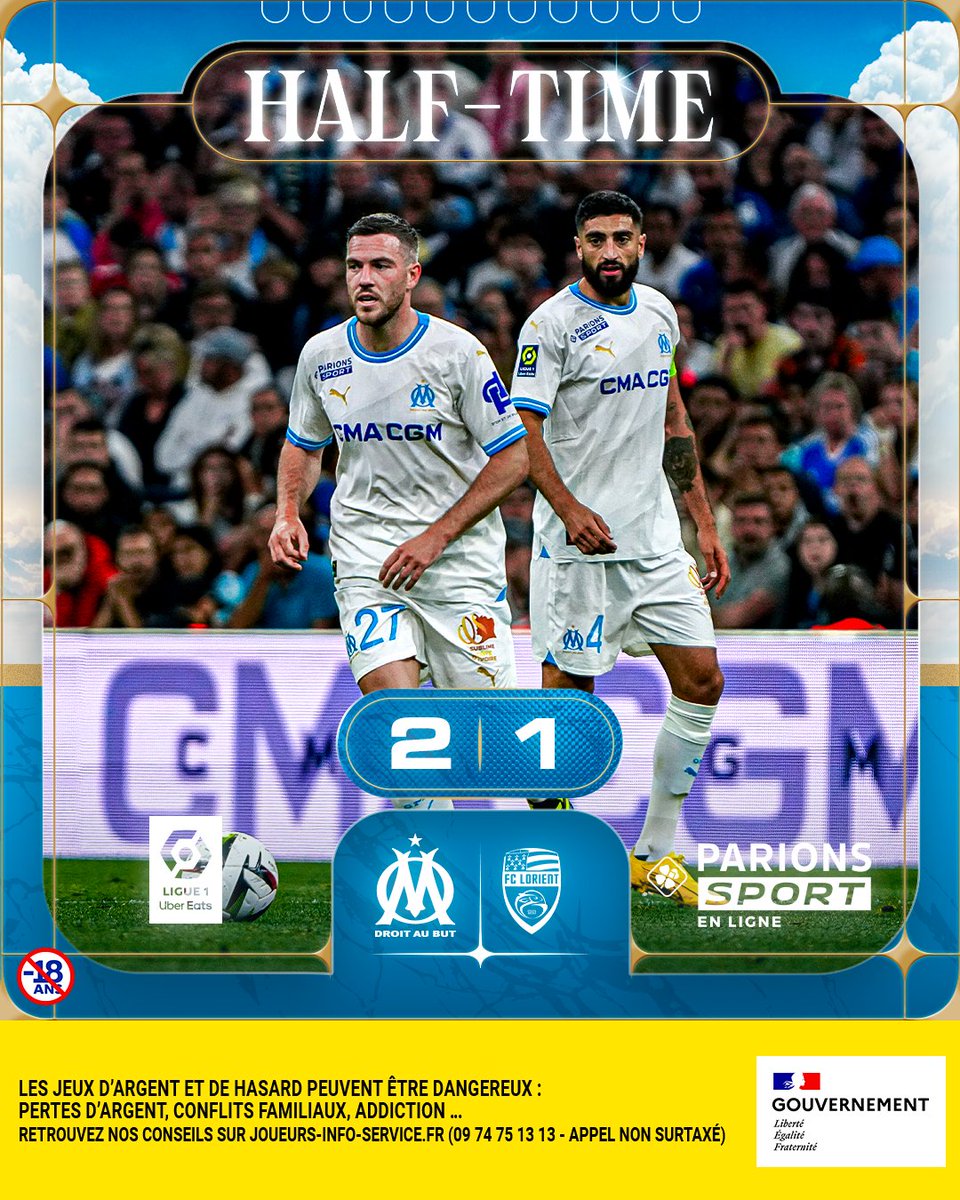 ⏱ 45’+3 | #OMFCL 2️⃣-1️⃣ ⏯ 𝐌𝐢-𝐭𝐞𝐦𝐩𝐬 ! Dans une fin de première période prolifique, nos Olympiens regagnent les vestiaires en menant d’un but ! Il reste le second acte pour creuser l’écart 💪 𝑨𝒍𝒍𝒆𝒛 𝑴𝒆𝒔𝒔𝒊𝒆𝒖𝒓𝒔 🔵⚪️