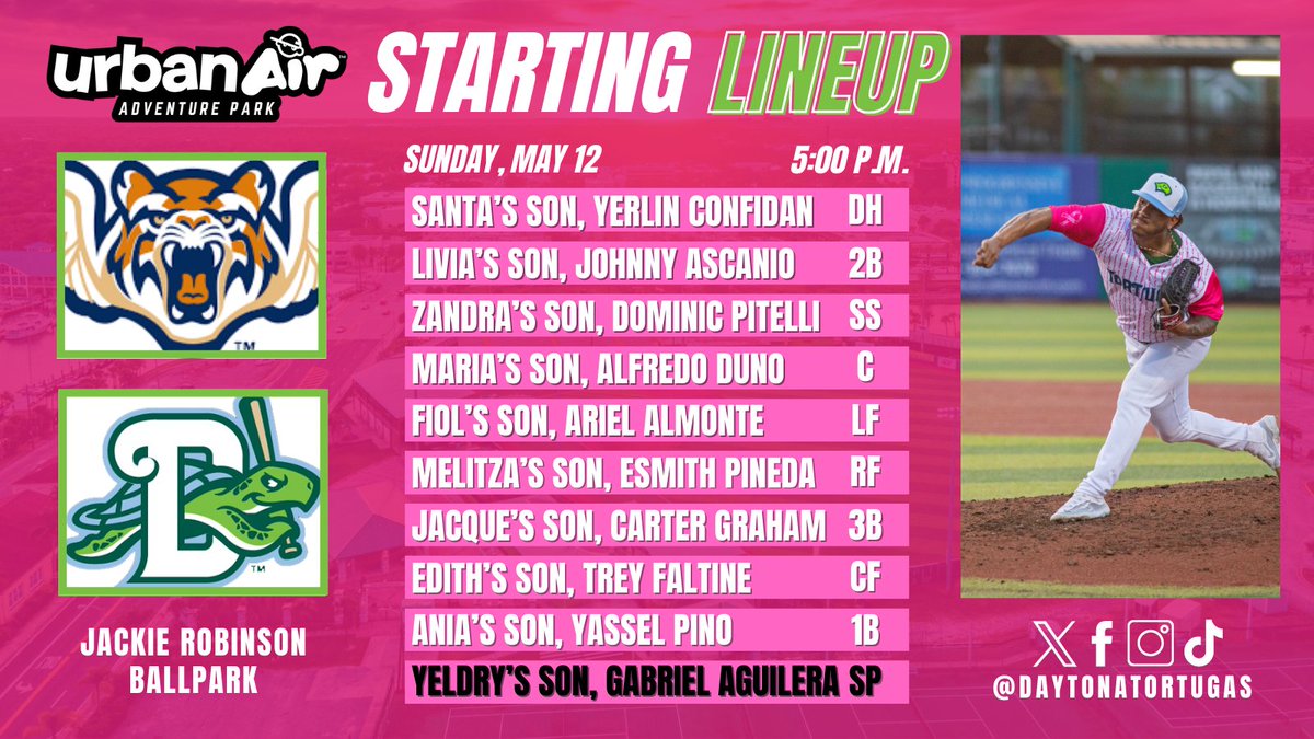 Happy Mother's Day from The Jack, where the Tortugas finish up the series with Lakeland! Tune in to this evening's game here: milb.com/daytona/fans/a… Your starting lineup is brought to you by Urban Air Adventure Park