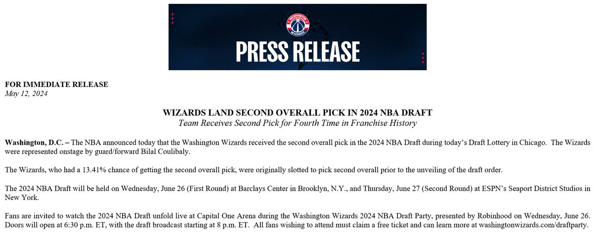 The Washington Wizards have received the second overall pick in the 2024 NBA Draft. This marks the Wizards' highest draft pick since 2010 (No. 1 overall).