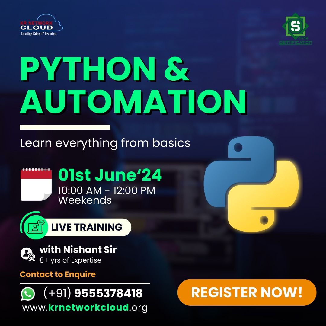 Join our Python & Automation course starting on 1st June 2024! 🚀 🗓️ Schedule: Weekends, 10:00 AM - 12:00 PM 👨‍🏫 Instructor: Mr. Nishant Sir 📚 Learn from basics to advanced automation Contact us at +91 9555378418 Visit our Official Website: krnetworkcloud.org/course/python-… #Python