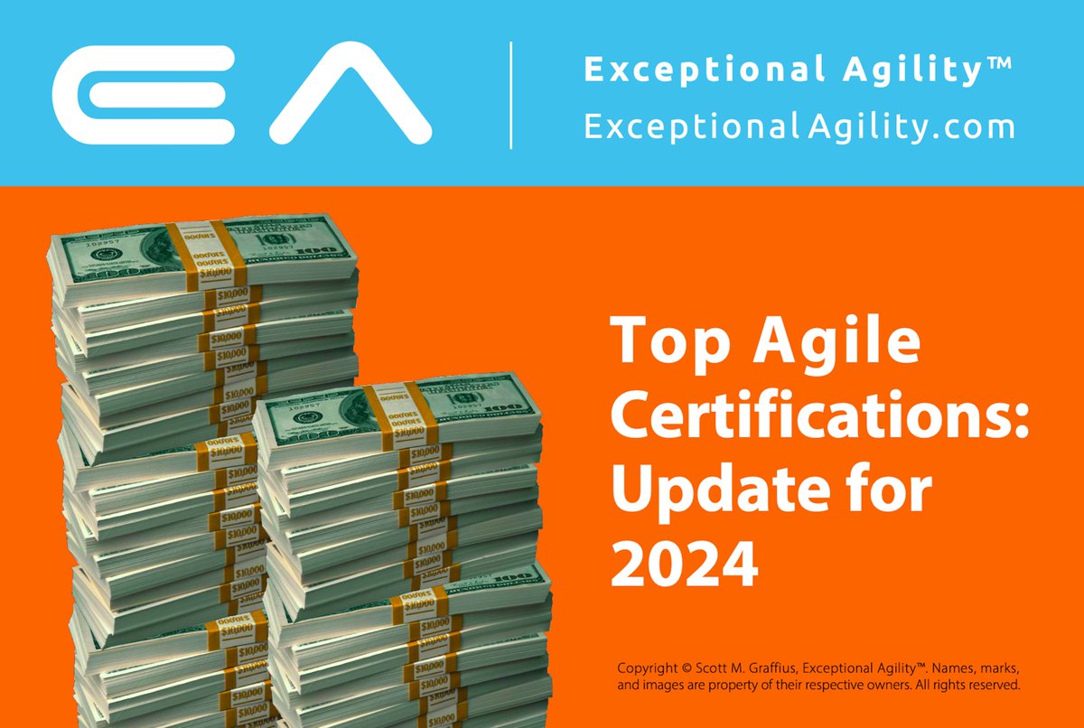 Top Agile Certifications: Update for 2024

💰 exceptionalagility.com/blog/files/top…

Exceptional Agility | #Agile #AgileCertifications #AgileProjectManagement #CSM #CSPO #SA #PMIACP #PSM1 #PSPO1 #Agilist #ScrumMaster #AgileCoach #AgilePM #Agility #ExceptionalAgility #AgileTransformation #PMOX