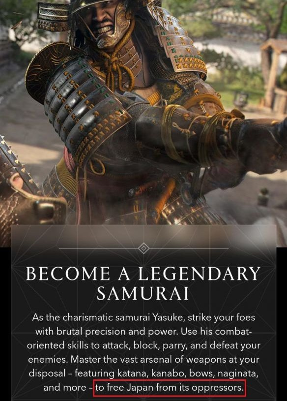 Freeing the Japanese...from who? From themselves? The same way the Conquistadors 'freed' the Native Mayan/Inca/Aztec natives...from themselves? This is a very odd comment Ubisoft...