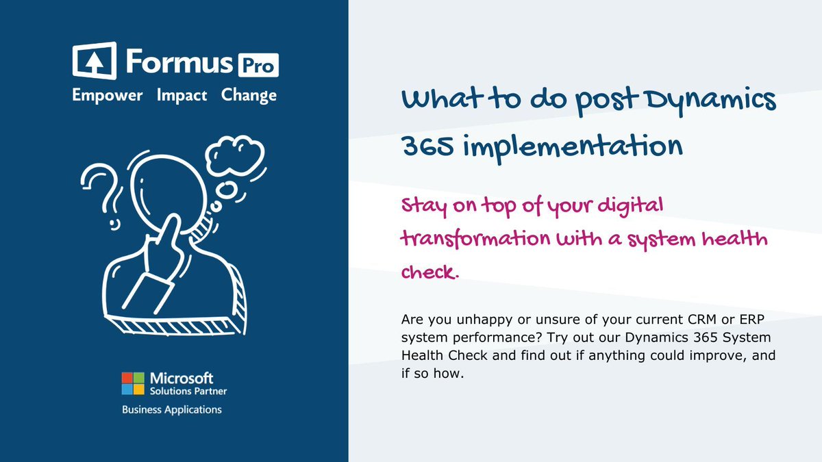 FormusPro's tweet image. Are you unhappy or unsure of your current #CRM or #ERP system performance? Try out our Dynamics 365 System Health Check and find out if anything could improve, and if so. How.  
#SystemHealthCheck #Dynamics365 #Implementation 
formuspro.com/what-we-do/dyn…