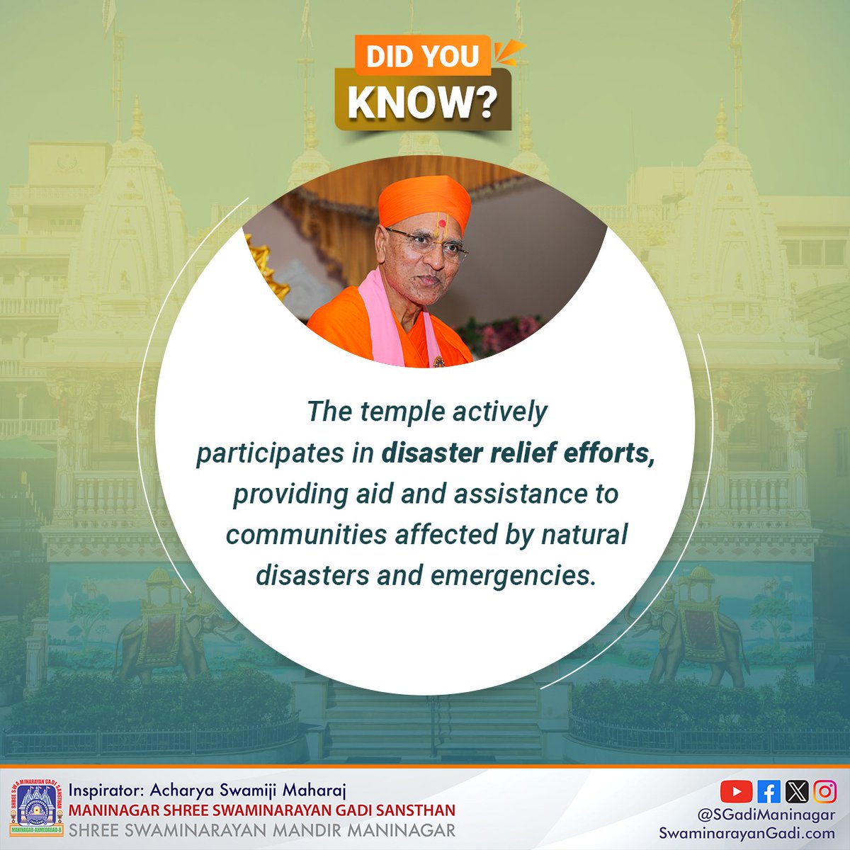 #Didyouknow Shree #SwaminarayanMandir #Maninagar actively participates in #disasterreliefefforts, providing aid and assistance to communities affected by natural disasters & emergencies. #AcharyaSwamijiMaharaj #SwaminarayanGadi Lord #Swaminarayan #ServingHumanity #MandirMission