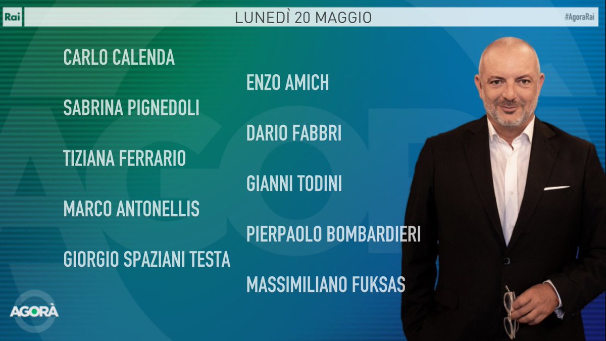 Ecco gli ospiti di Roberto Inciocchi di lunedì #20maggio ad #AgoraRai. Vi aspettiamo dalle 8.00 alle 09:35 su #Rai3 e #RaiPlay.