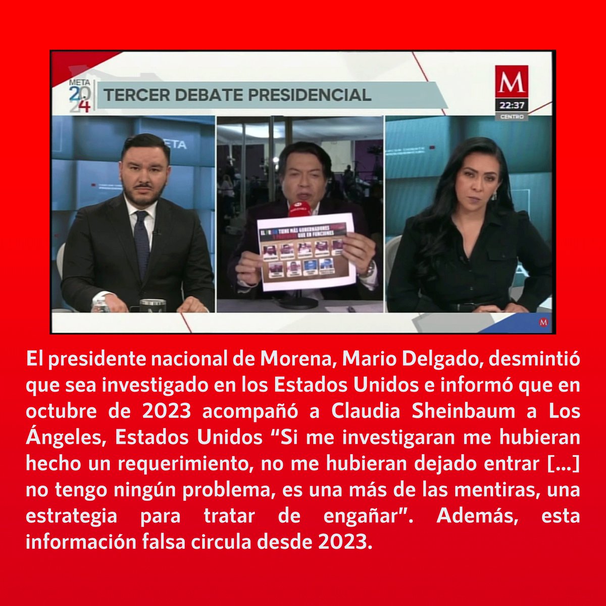 ❌Falso que Mario Delgado 'está bajo investigación criminal en #EstadosUnidos' ✅El presidente nacional de #Morena, @mario_delgado, desmintió que sea investigado en los Estados Unidos e informó que en octubre de 2023 acompañó a @Claudiashein a Los Ángeles, Estados Unidos “Si me