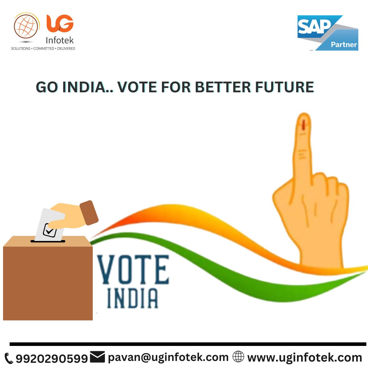 SME Leaders, UG Infotek LLP urges you to vote in the 2024 elections to shape policies supporting business growth. Discover how our SAP Business One solutions can streamline your operations and drive success.
**Go Vote Mumbai 2024!**
#GoVoteMumbai #SMEsForChange #Election2024