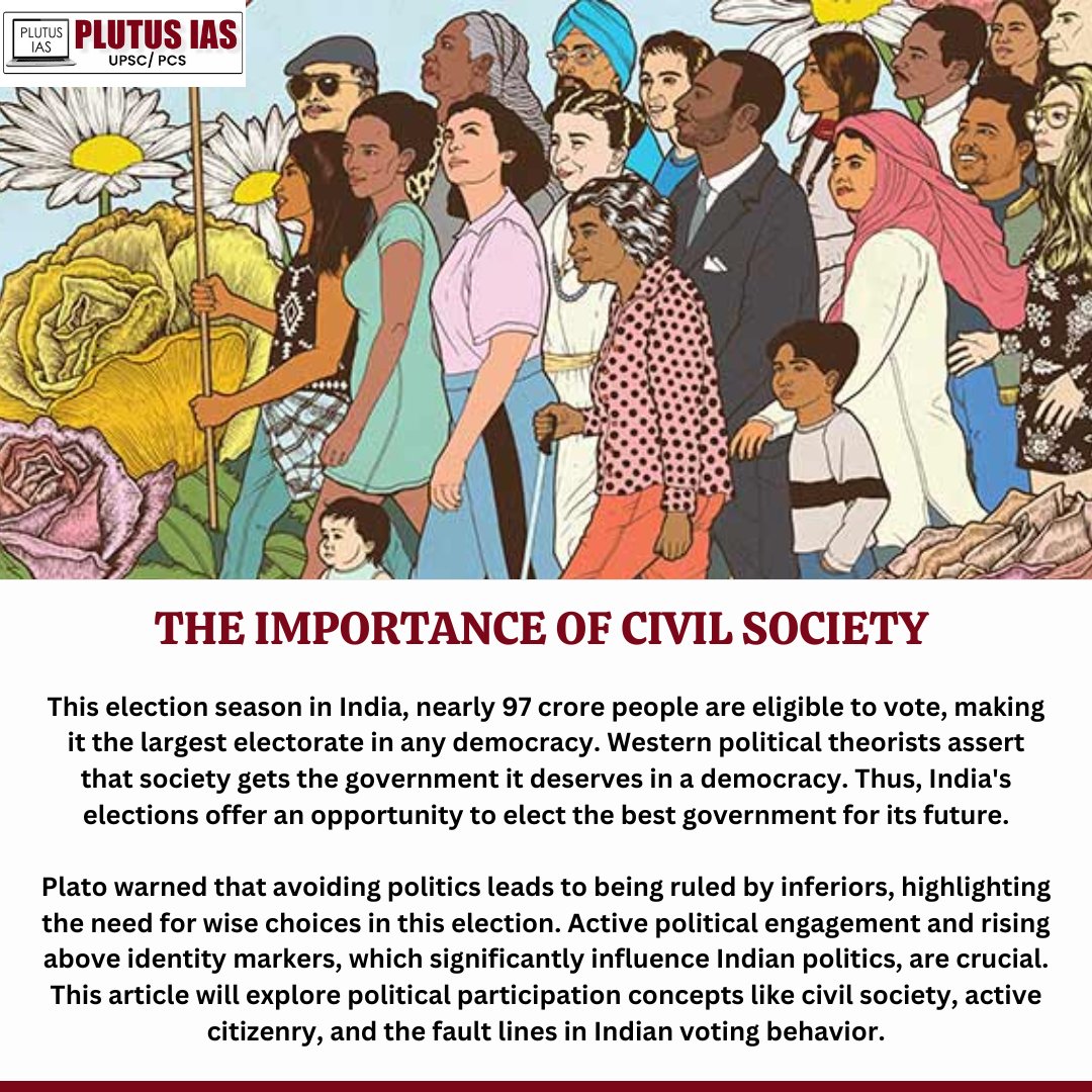 Democracy empowers us to shape our future. As India gears up for the largest democratic exercise, let's recognize the importance of civil society in ensuring a government that truly represents our aspirations. ✨ Read More: plutusias.com/the-importance… . . . #plutusias #UPSCPrep