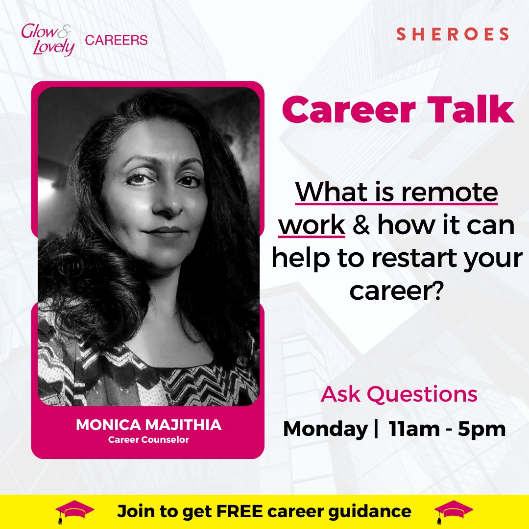 #RemoteJobs have become a hot topic in recent years. Is it the career option for you to pursue❓ Whether you're a fresher or looking to make a career comeback, Counselor Monica is here to guide you! #CareerTalk starts at 11 AM — Ask your question here:
💬 shrs.me/dRZOyyfpJJb