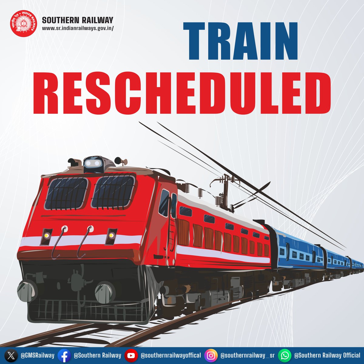 Train Rescheduled:

Train No. 06020 Dr MGR Chennai Central – Nagercoil Special scheduled to leave Dr MGR Chennai Central at 15.10 hrs on 20.05.2024 (Today) is rescheduled to leave at 23.10 hrs on due to late running of pairing train  (Late by 8 hrs).

#SouthernRailway