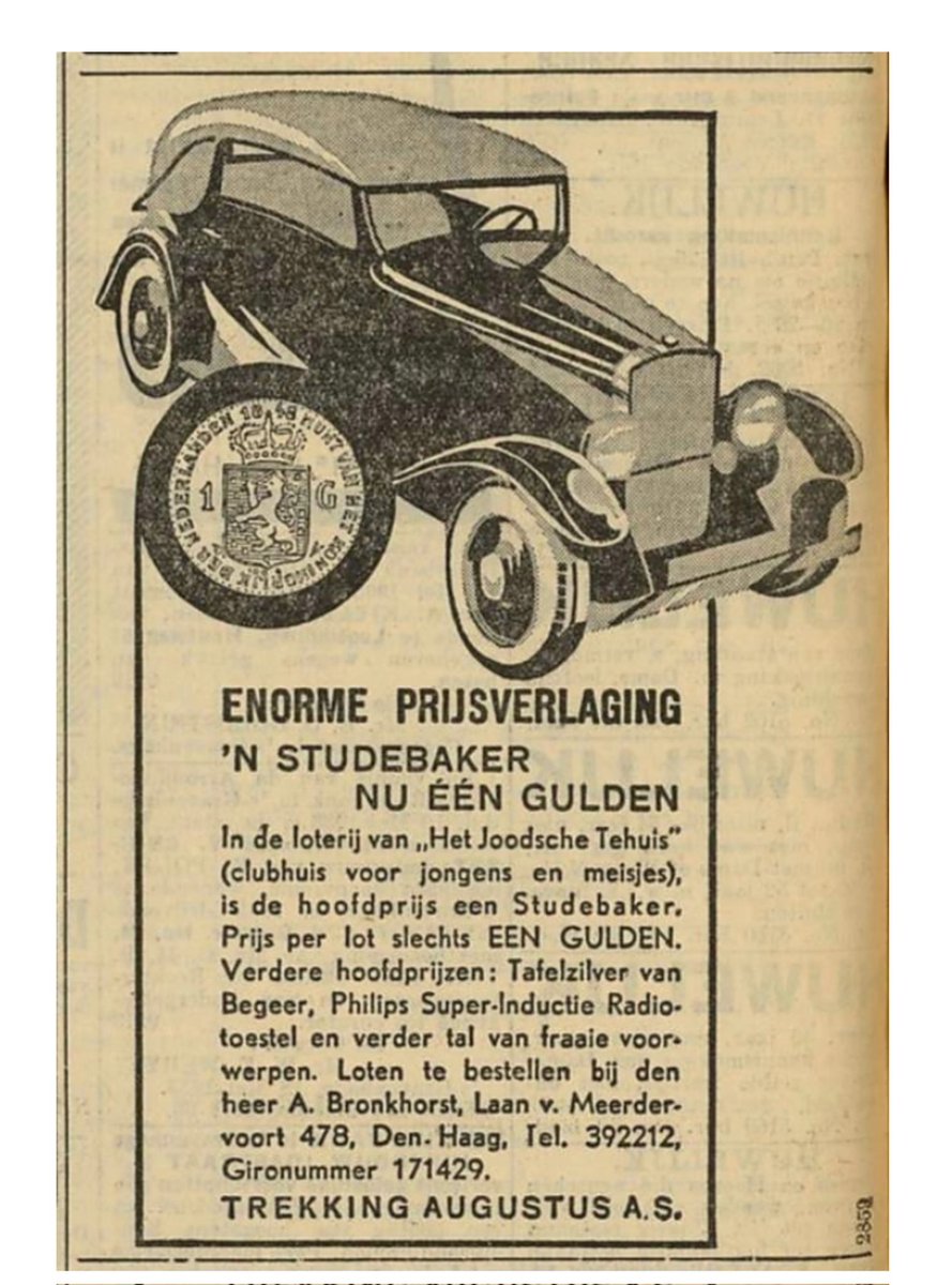 20 mei 1933, een Studebaker voor één gulden, loterij voor het Joodsche Tehuis - clubhuis voor Joodse jongens en meisjes - aan de Paviljoensgracht 27a in Den Haag. Haagsche Courant, collectie @DelpherNL