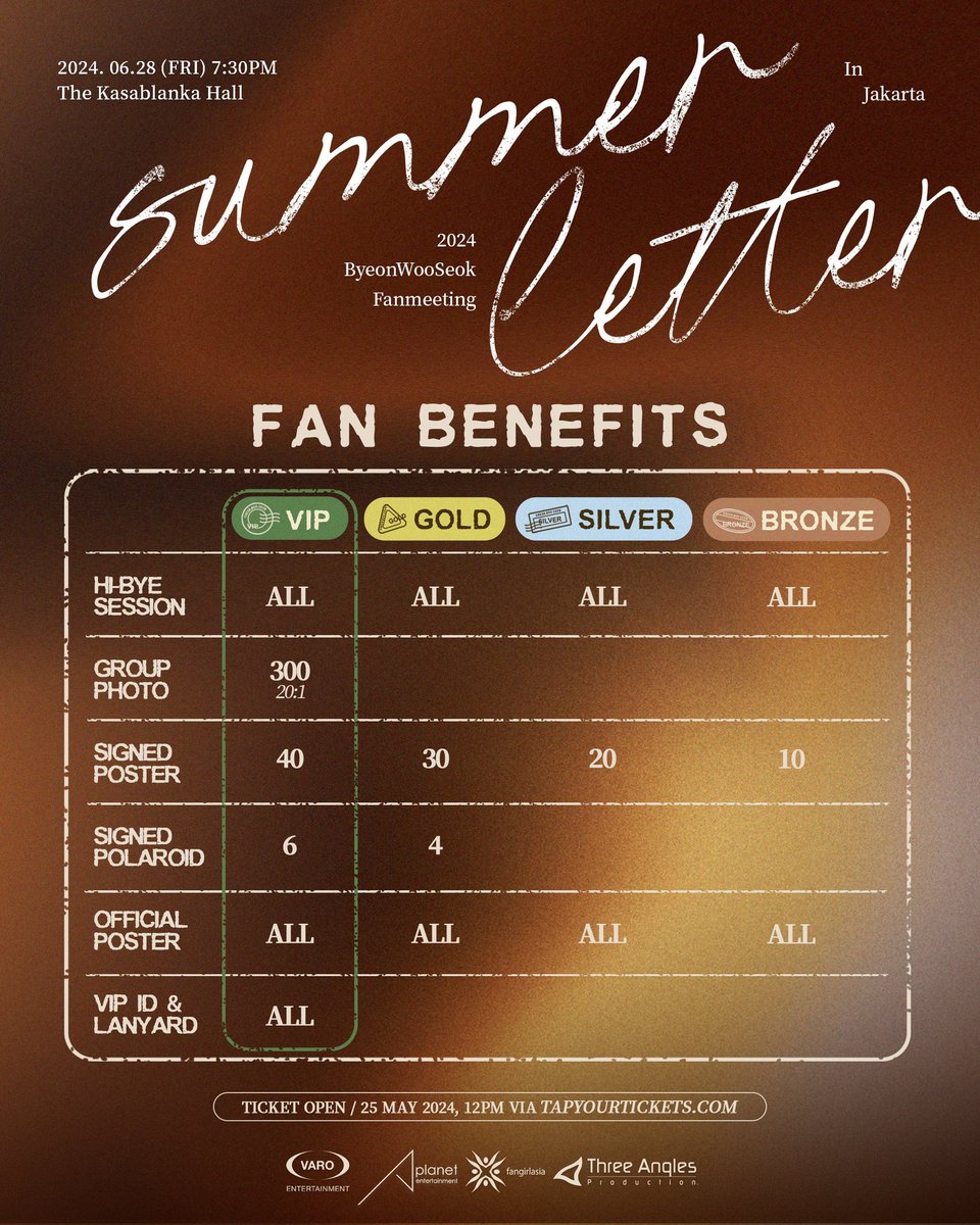 2024 Byeon Woo-seok Asia Fanmeeting Tour: Summer Letter in Jakarta ticketing assistance is now open!!

— open for local and intl fans 
— minimal fee
— dm for reservation ♡

proofs: bit.ly/3MJKaqM
#SUMMERLETTER
#변우석 #ByeonWooSeok
#Varoentertainment #APlanetent