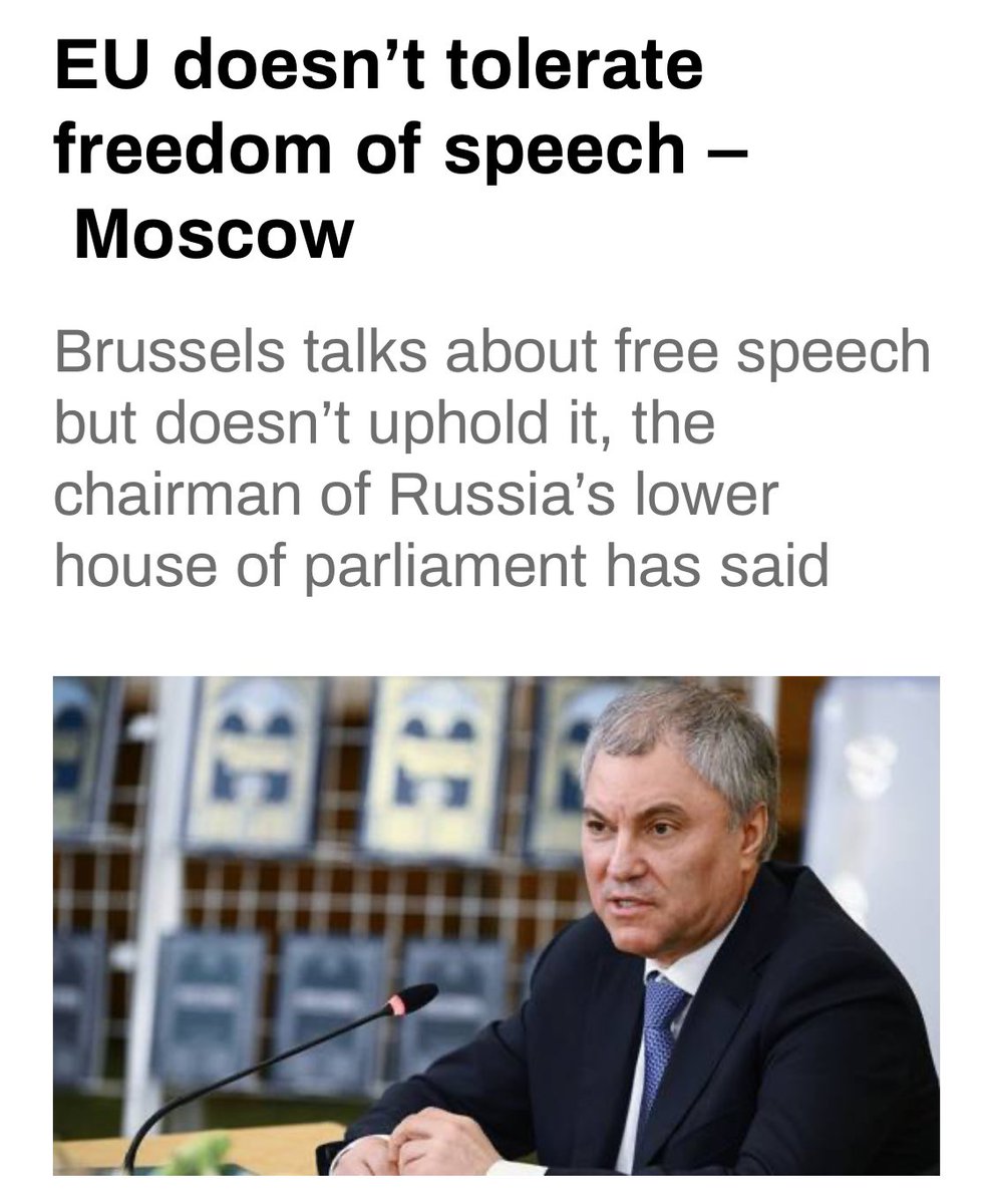 🚨Update: Russia’s State Duma chairman has accused the EU of censoring alternative opinions and curtailing freedom of speech, with the goal of deceiving citizens.  Vyacheslav Volodin was commenting on Brussels’ latest ban on Russian media outlets, which has sparked a warning of