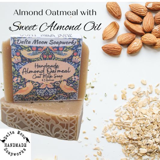 Sweet Almond oil and oatmeal, amazing combination for your skin.  #artisanSoap #handmade #gift #oliveOilSoap #shopLocal #coldProcessSoap #SmallBusiness #skincare #palmFree #shavingSoap #giftforHer   #etsySeller #deltamoonsoap