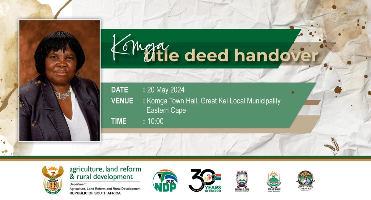 Today | Deputy Minister Capa will handover #TitleDeeds to land tenure beneficiaries at Komga Town Hall, Great Kei Local Municipality in Eastern Cape. 
#AcceleratingLandReform #LandIsLife #DALRRDatwork #LeaveNoOneBehind @GCISMedia @GovernmentZA 

*Thread