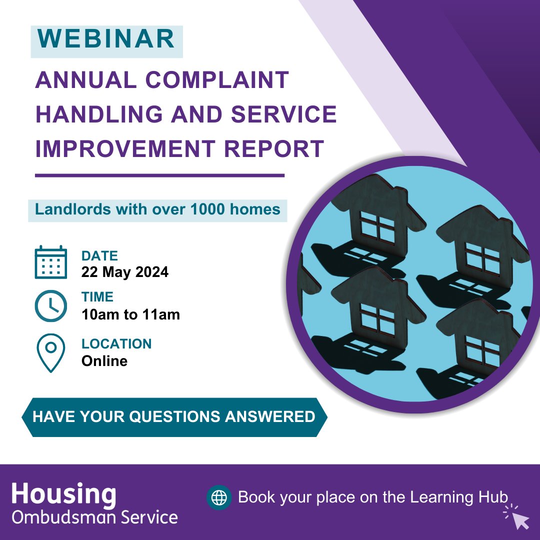 Last chance to book onto the NEW Annual complaint handling and service improvement report webinar💡Learn about requirements of the annual report and what must be included. Landlords with over 1000 homes can join on 22nd May at 10am. tinyurl.com/mwx56rsp #ukhousing