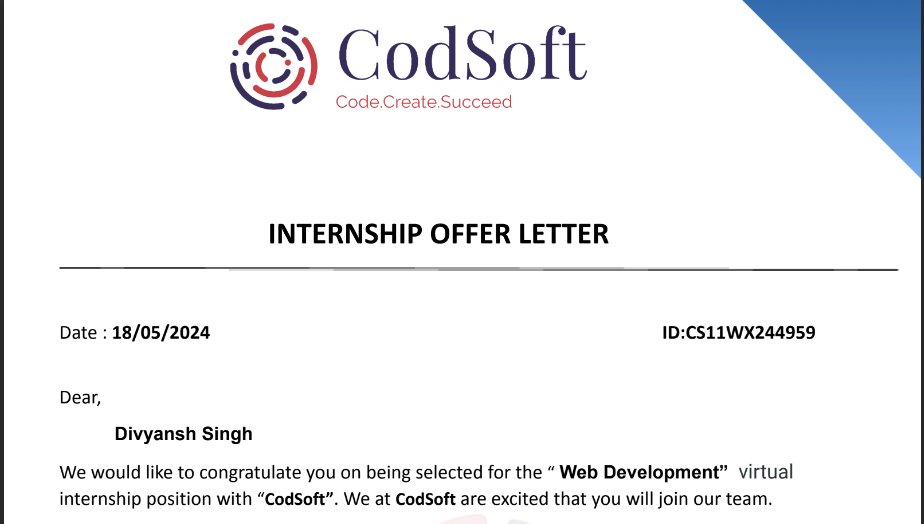 Excited to announce that I've secured an internship in Web Development at CodSoft! 🚀

Looking forward to learning and growing in public throughout this journey.

#CodSoft #WebDevelopment #FrontendDeveloper #BackendDeveloper #FullStackDeveloper #LearnInPublic #BuildInPublic