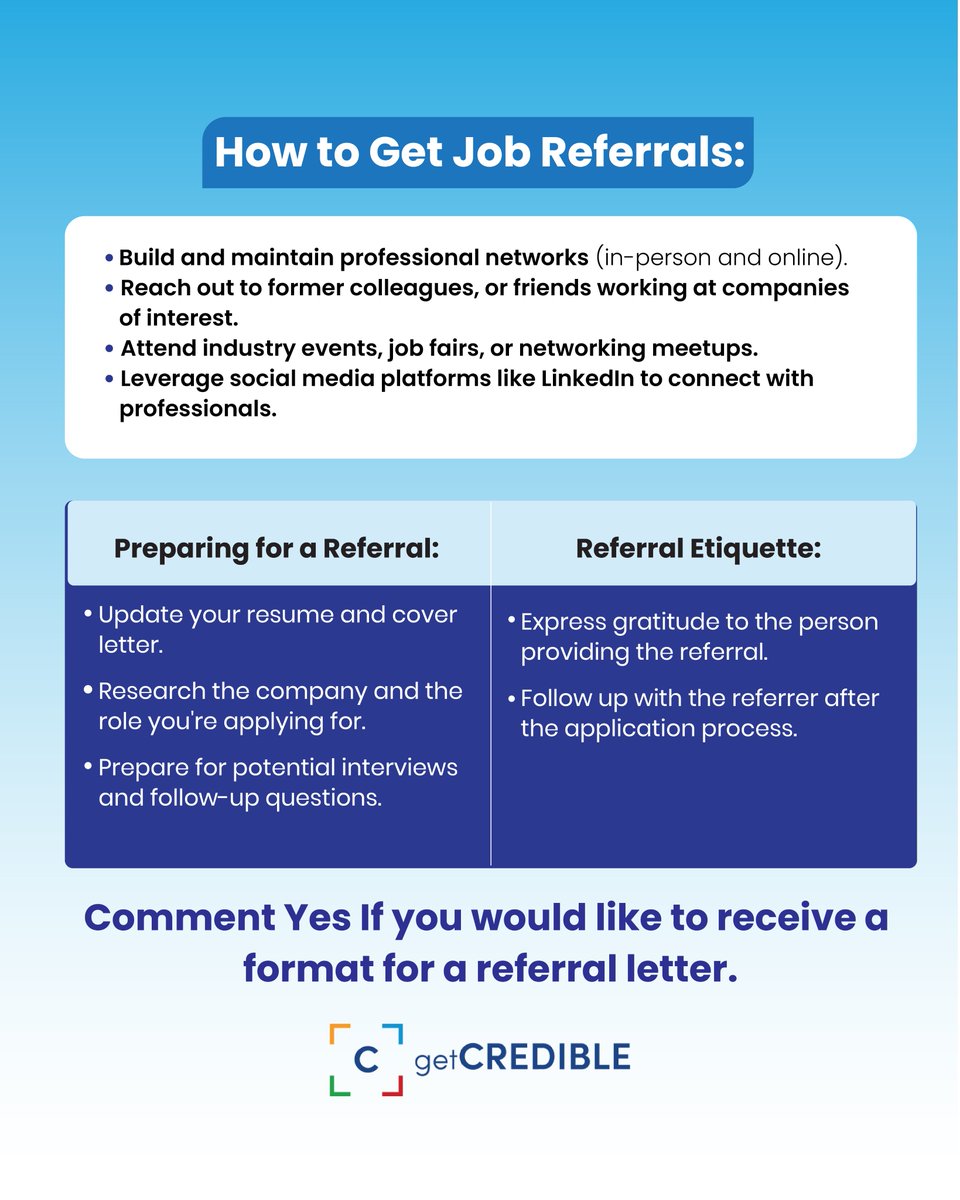 Step Up Your Job Search with Job Referrals!

A job referral is a hiring process where a current employee recommends a candidate for a job opening within their company.

Need a template for a referral letter? Comment 'Yes' below!
#CareerGrowth #JobSearchTips #Networking