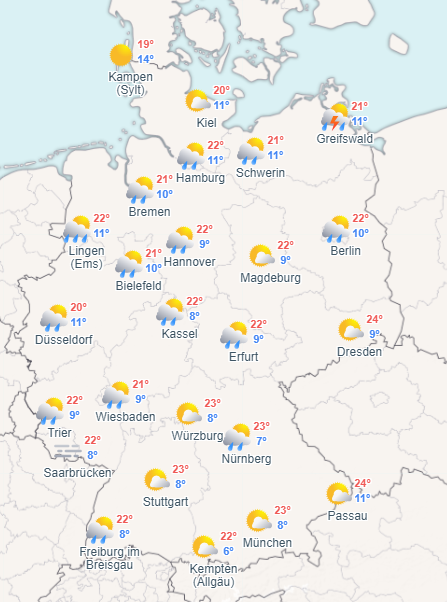 #WetterHeute #Schauerwetter 🌧️ in Deutschland, besonders im Norden auch Gewitter!⛈️  🗺️ Mehr Wetterkarten unter: daswetter.com/wetterkarten/