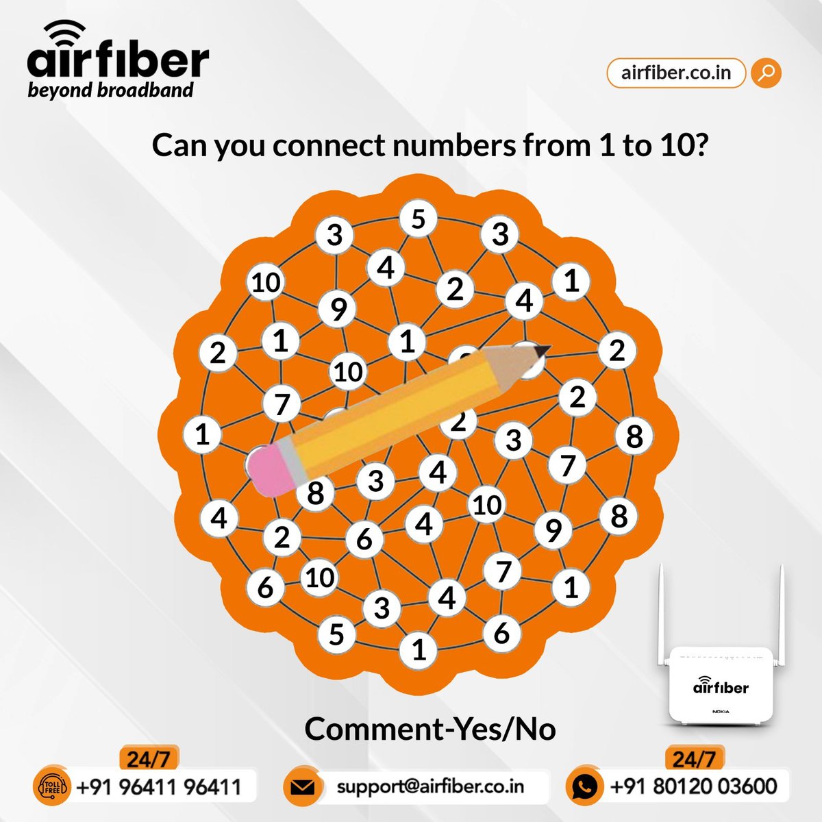 Solve the Puzzle !
24x7 customer support
Toll Free: +91 96411 96411 
Whatsapp: +91 80120 03600
#Hosur | #InternetService | #FastInternetSpeed | #Airfiber | #smartservice | #Offer | #NewLaunch | #24HoursSupport | #SunNXT | #ZEE5 | #SonyLIV | #hotstar | #Aha | #OTT | #Entertainment