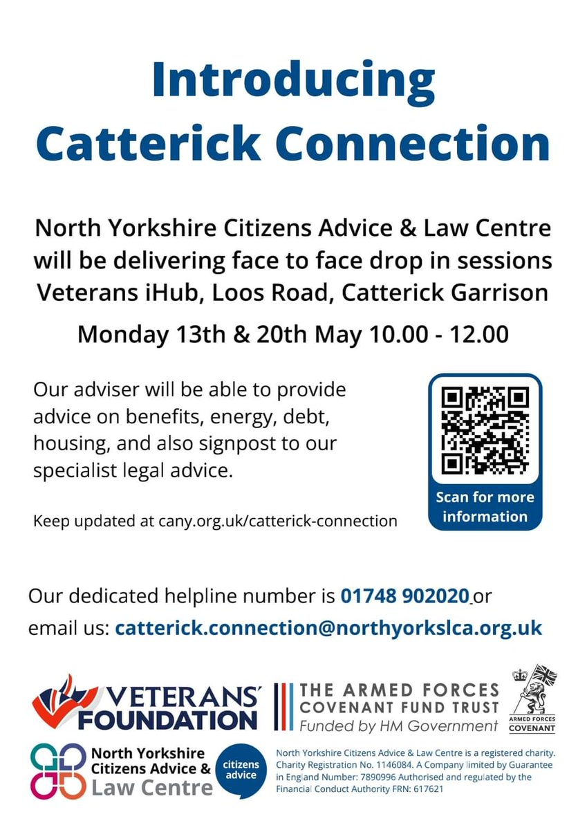 A reminder that our adviser will be attending the Veterans Ihub in #Catterick Garrison today between 10am and 12pm. If you need to find a way forward through information or advice come and have a chat with our friendly adviser.