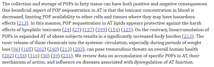 Obesity epidemic is solved when you realize retinoids are toxins.

The body's defense mechanism is to keep retinoids out of the blood. They're fat soluble and can't be secreted fast enough; next best thing is to sequester in fat tissue. POP = Persistent Organic Pollutant

We're
