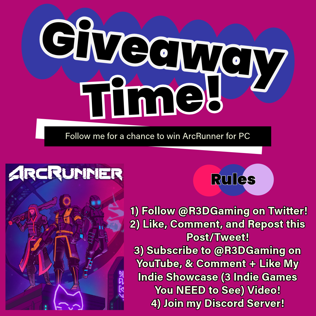 5/20-5/24 #GiveawayAlert 'ArcRunner!'   
📷 1X STEAM GAME KEY GIVEAWAY!   
• Follow the *Rules* in the picture, & I will randomly choose a winner on Friday, 5/24! Links below!  #Giveaway #Steam #GameKeys #FreeGame  #FreeSteamGames #pcgames #arcrunner
