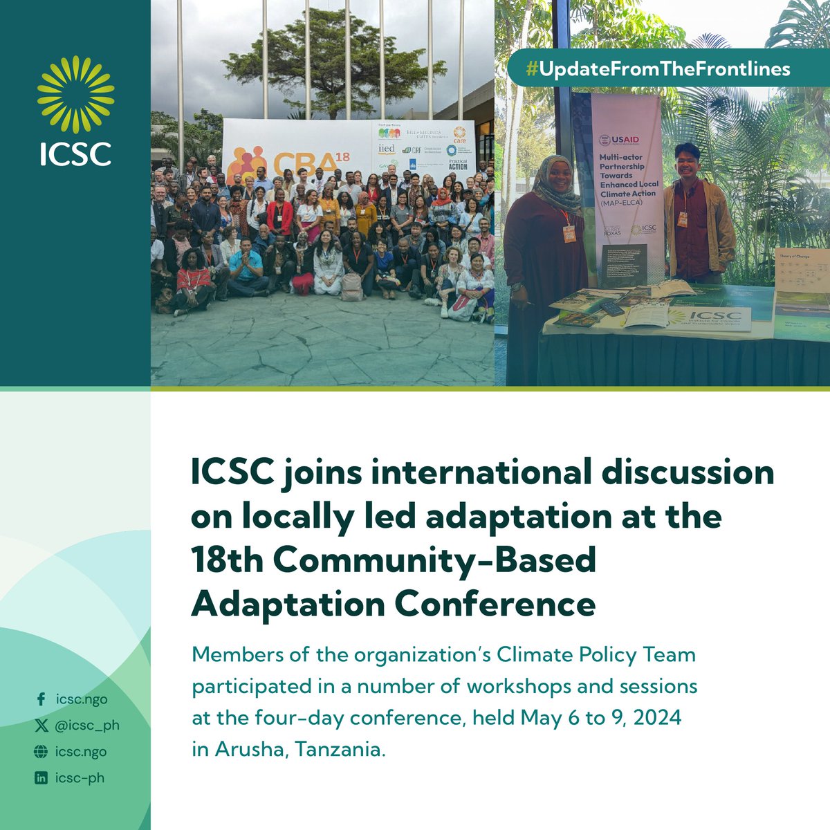 icsc_ph's tweet photo. #UpdateFromTheFrontlines: ICSC’s Climate Policy Team joined international discussions on how to champion locally led #ClimateResilientDevelopment at the 18th Community-Based Adaptation Conference (#CBA18) in Arusha, Tanzania. https://t.co/MiTnFvVTJ7