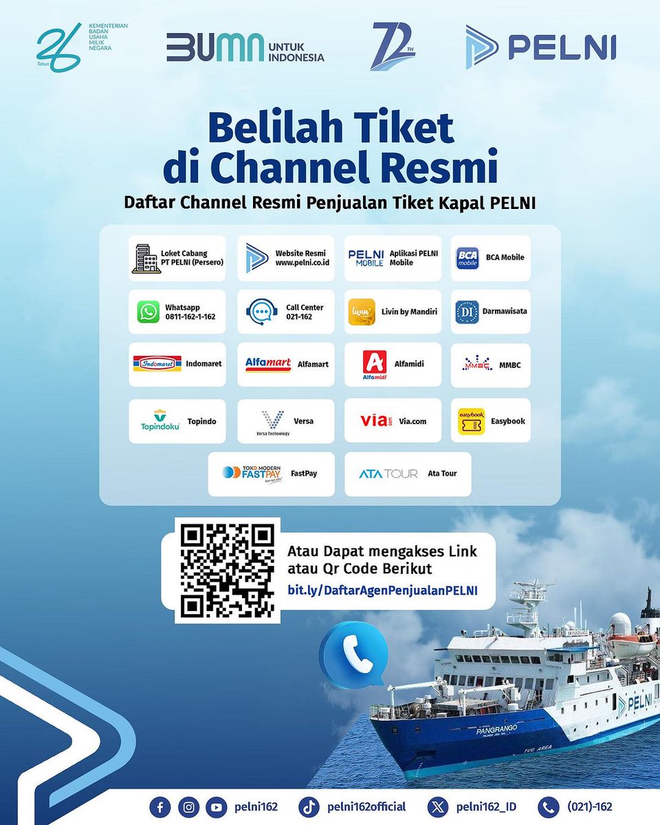 Hai #TemanPELNI Yuk beli tiket kapal PELNI secara resmi di channel-channel berikut agar aman dan nyaman naik kapal PELNI. Jangan sampai salah yaa, selamat berlayar🫡🛳️✨ #ChannelTiketKapalPELNI #TiketKapalPELNI #WeConnectWeUnify #BUMNUntukIndonesia