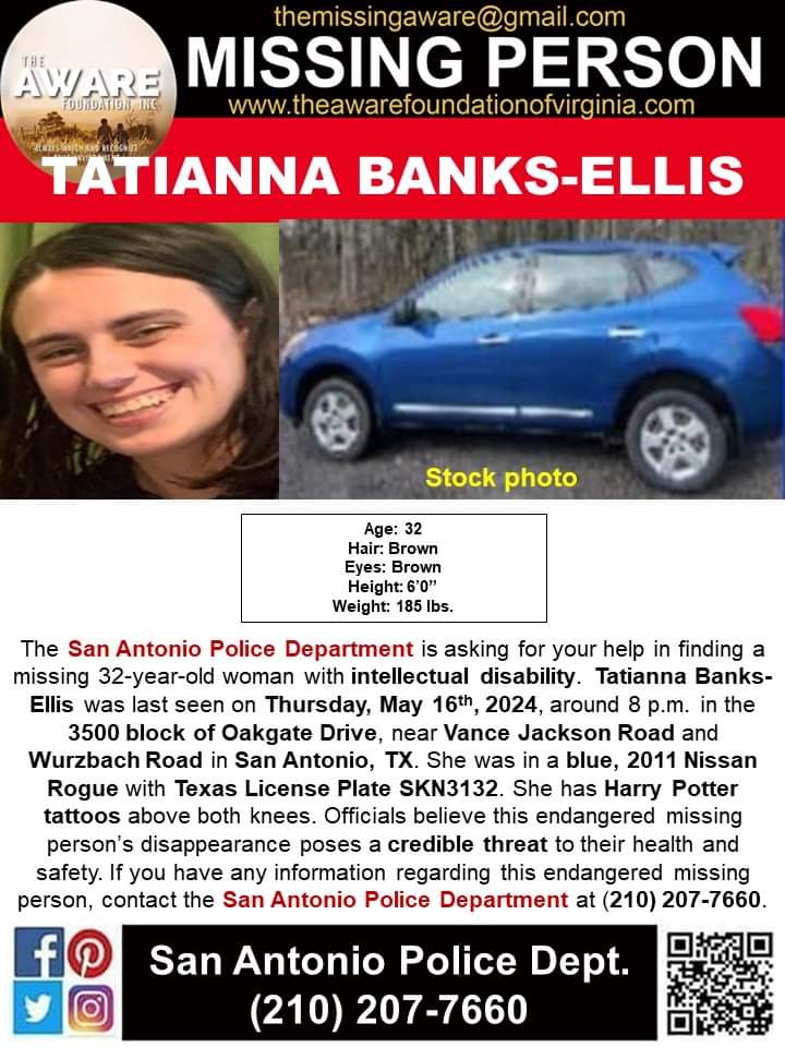 ***MISSING*** SAN ANTONIO, TX
The San Antonio Police Department is asking for your help in finding a missing 32-year-old woman with intellectual disability. Tatianna Banks-Ellis was last seen on Thursday, May 16th, 2024, around 8 p.m. in the 3500 block of Oakgate Drive, near