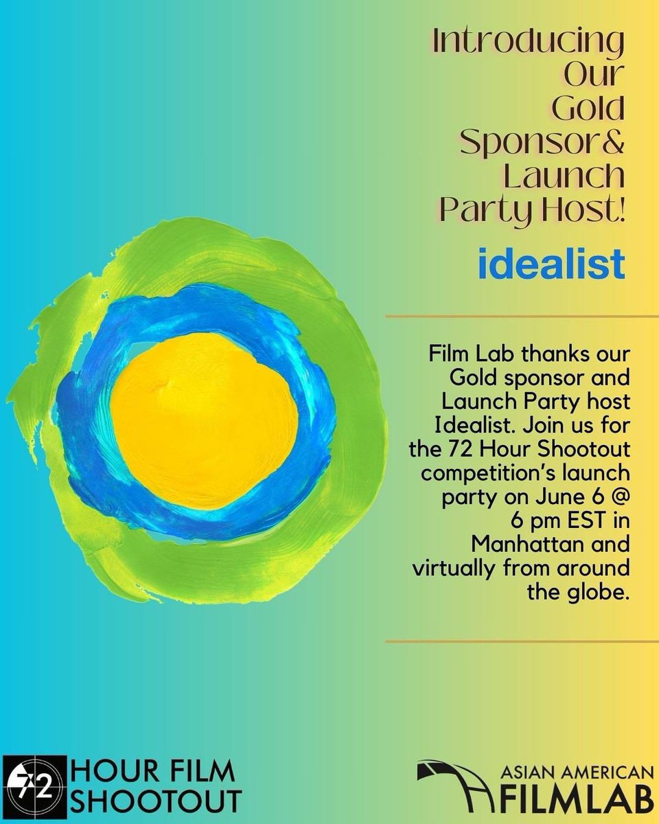 Film Lab’s 72 Hour Shootout is proud to be sponsored by <a href="/idealist/">Idealist</a>!

Register for the 72 Hour Shootout Competition TODAY! 

Link to register: 

asianamericanfilmlab.com

#filmmaking #filmmaker #diversity #representation #diversitymatters #directorslife #writerslife