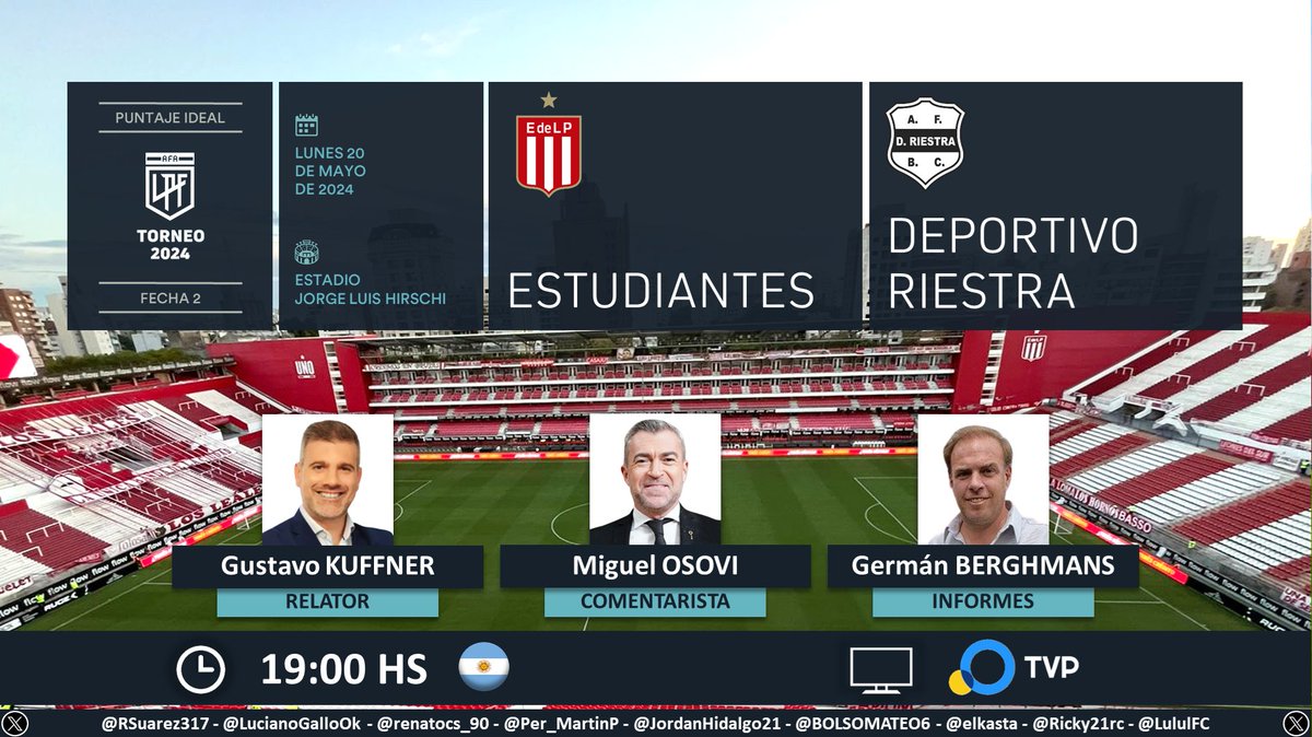 ⚽ #TorneoLPF 🇦🇷 | #Estudiantes vs. #DeportivoRiestra 🎙 Relator: @GustavoKuffner 🎙 Comentarista: @MiguelOsovi 🎙 Informes: @gbgerman 📺 @TV_Publica 🇦🇷 🤳 #FútbolATP - @PrensaTVP Dale RT 🔃