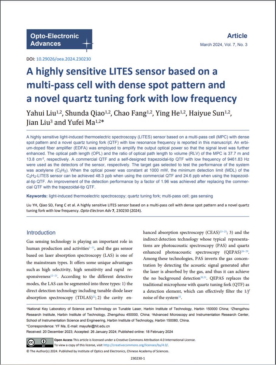 #OEA_highlight A highly sensitive LITES sensor based on a multi-pass cell with dense spot pattern and a novel quartz tuning fork with low frequency doi.org/10.29026/oea.2… by Prof. #YufeiMa from @HIT_China #thermoelectric #spectroscopy #quartz #multi #GasSensing