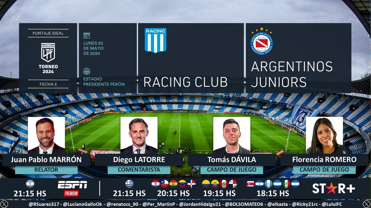 ⚽ #TorneoLPF 🇦🇷 | #RacingClub vs. #ArgentinosJuniors 🎙 Relator: @JuanPabloMarron 🎙 Comentarista: @dflatorre 🎙 Campo de juego: @DavilaTomi y @florjuy_ 📺 #ESPNPremium 🇦🇷 💻📱 @StarPlusLA Latinoamérica (❌🇦🇷) 🤳 #LPFxESPN - #ESPNenStarPlus Dale RT 🔃