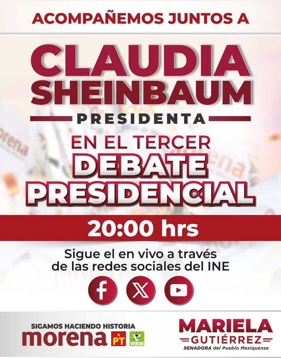 El último debate presidencial y de aquí… ¡directo al triunfo! Vecinas y vecinos mexiquenses, les invito a que apoyemos a nuestra próxima Presidenta de México, a la Dra. @Claudiashein #ClaudiaSheinbaumPresidenta #HonestidadYResultados #SigamosHaciendoHistoria