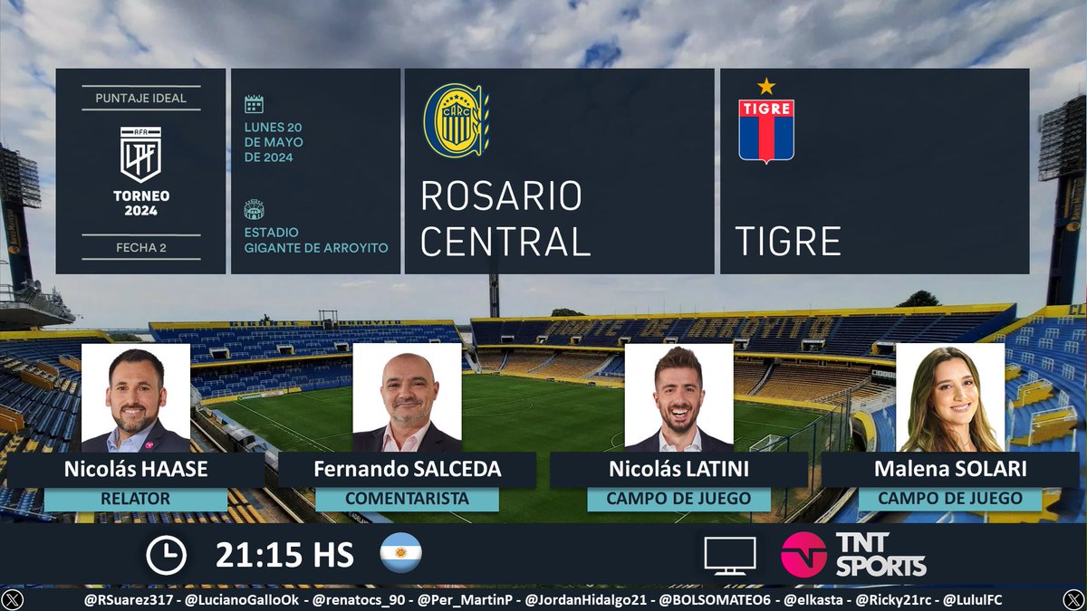 ⚽ #TorneoLPF 🇦🇷 | #RosarioCentral vs. #Tigre 🎙 Relator: @haasenico 🎙 Comentarista: @FernandoSalceda 🎙 Campo de juego: @nico_latini y @malesolari 📺 @TNTSportsAR 🇦🇷 💻📱 Estadio TNT Sports 🇦🇷 🤳 #LPFxTNTSports Dale RT 🔃