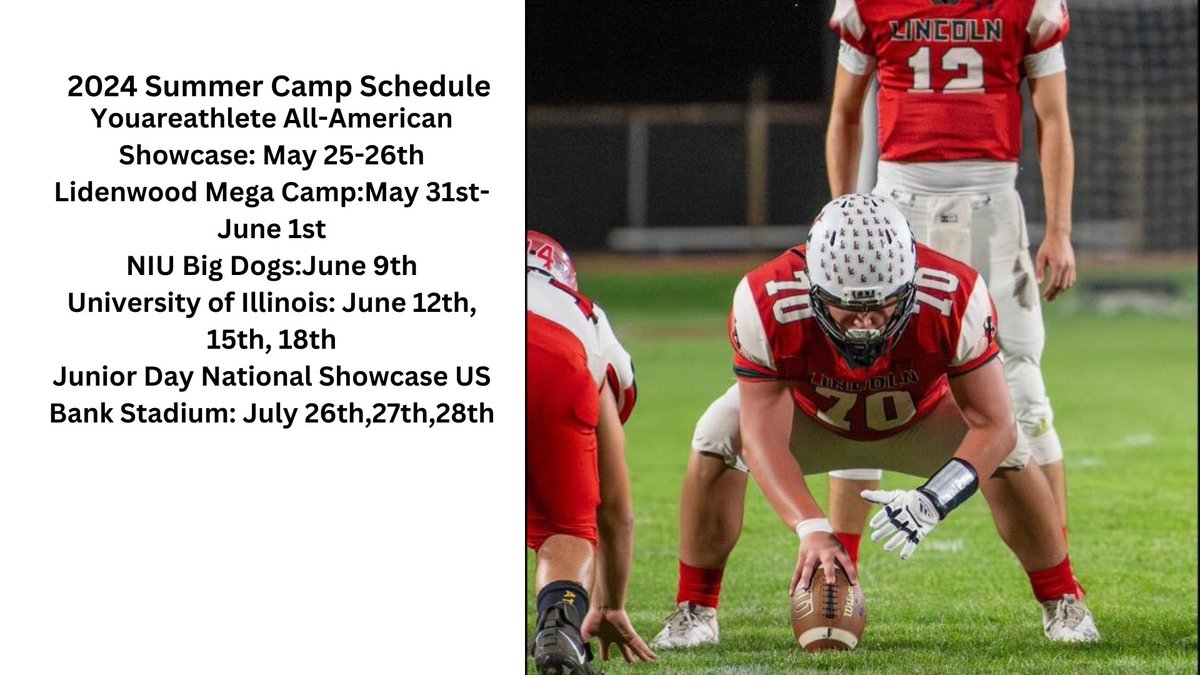 Here is my 2024 Summer Camp Schedule! @youareathlete @RoadToHouston @LindenwoodFB @coachPatRyan @Coach_BMiller @BretBielema @toby_lux @CoachSilkowski @RailersFootball @1PerformanceLab @DeepDishFB @JennyCz27