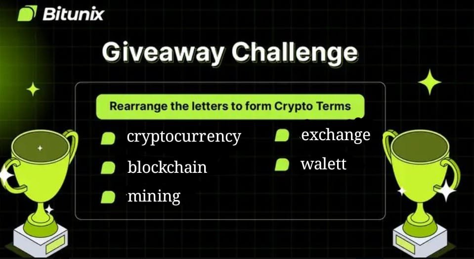 kolomter's tweet image. 1. Cryptocurrency  2. Blockchain 3. Mining  4. Exchange  5. Wallet

lfg brottherrr @BitunixOfficial @Redraju2 @LadawnSchisler4 @ReelsTiesha

#BitunixCryptoContest #giveaway #BitunixGiveaway