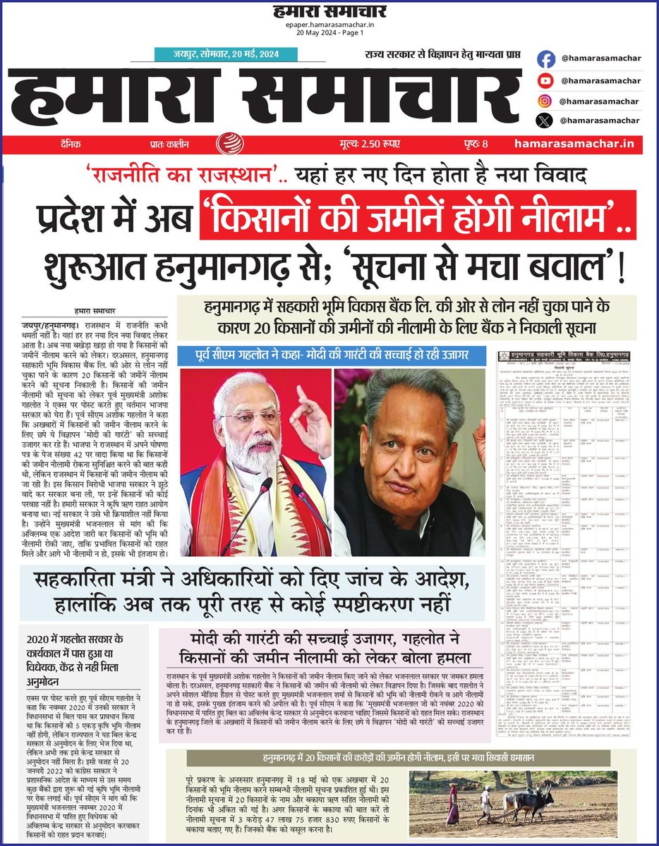 epaper.hamarasamachar.in https://epaper.hamarasamachar.inHamaraSamachar
@dailynews #LocalNews
@CMBhajanlalBJP #bjpgovernment #ModiForIndia
@RajGovOfficial @highcort56789
@BhajanlalBjp @HansrajMeena @PMModiNews @ashokgehlot51 @IndianFarmers_  @BJP4India