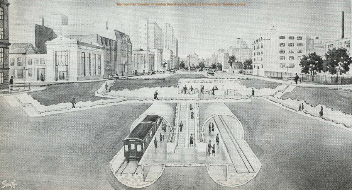 A conceptual cross-section drawing of the planned TTC St. Patrick subway station, which began construction in 1959 and was opened to the public in 1963. The tube shape of the station tunnel was unique from all but one other subway station in Toronto.