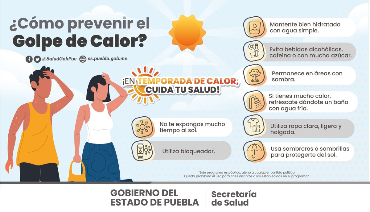 ¿Sabes cuáles son los síntomas del #GolpeDeCalor 🥵? En esta época de temperaturas altas, la @SaludGobPue hace un llamado a seguir las medidas de prevención para evitar otro tipo de complicaciones. #TemporadaDeCalor 🌞