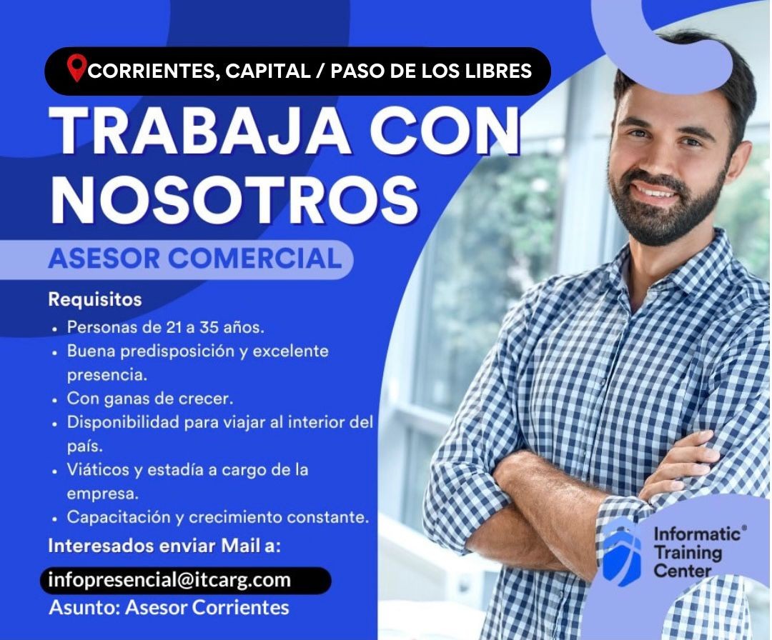 🔵⚪️ #CORRIENTESCAPITAL y #PASODELOSLIBRES - Informatic Training Center busca #ASESORES #COMERCIALES

👉 Enviar mail a: 📧 infopresencial@itcarg.com Asunto: ▪Asesor Corrientes▪

#TNEA #Corrientes #empleoar #trabajoar