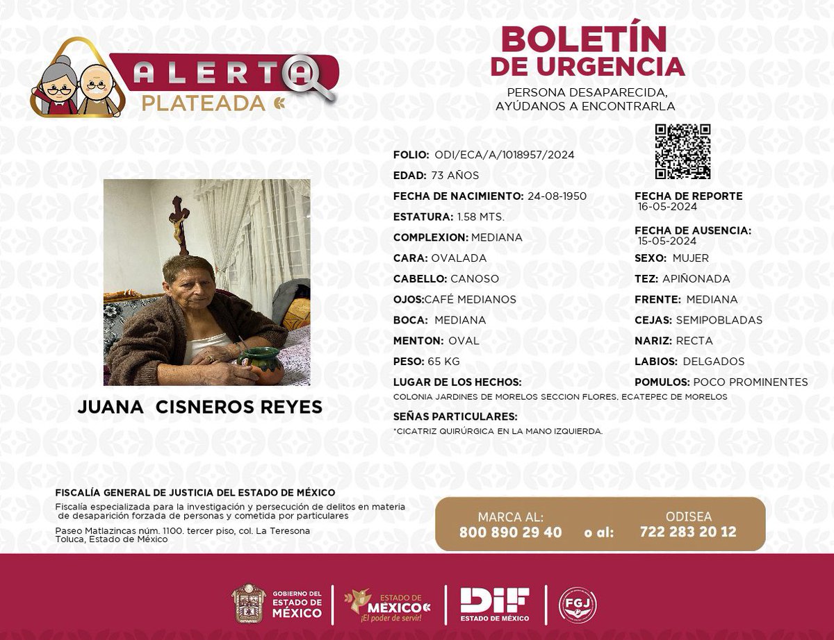 Juana desaparecida. Ayuda <a href="/VILLALVAZO13/">ALEJANDRO VILLALVAZO 🧠</a> <a href="/inakimanero/">Iñaki Manero</a> <a href="/heraldodemexico/">El Heraldo de México</a> <a href="/SergioyLupita/">Sergio y Lupita en el Heraldo Radio</a> <a href="/mileniotv/">Milenio Televisión</a> <a href="/Azteca/">TV Azteca</a> <a href="/Televisa/">Televisa</a> <a href="/DIFEM_/">DIF Estado de México</a> <a href="/delfinagomeza/">Delfina Gómez A.</a> <a href="/Alerta_Ecatepec/">Denuncia Ecatepec</a> <a href="/El_Universal_Mx/">El Universal</a> <a href="/DIFCDMX/">DIF Ciudad de México</a> <a href="/grupoacir/">Grupo ACIR</a> <a href="/Radio_Formula/">Grupo Fórmula</a> <a href="/tvmextv/">TvMex</a> <a href="/CarlosLoret/">Carlos Loret de Mola</a> <a href="/brozoxmiswebs/">brozo xmiswebs</a> <a href="/Foro_TV/">Foro</a> <a href="/Edomex/">Gobierno del Estado de México</a> <a href="/GobCDMX/">Gobierno de la Ciudad de México</a> <a href="/GobiernoMX/">Gobierno de México</a>