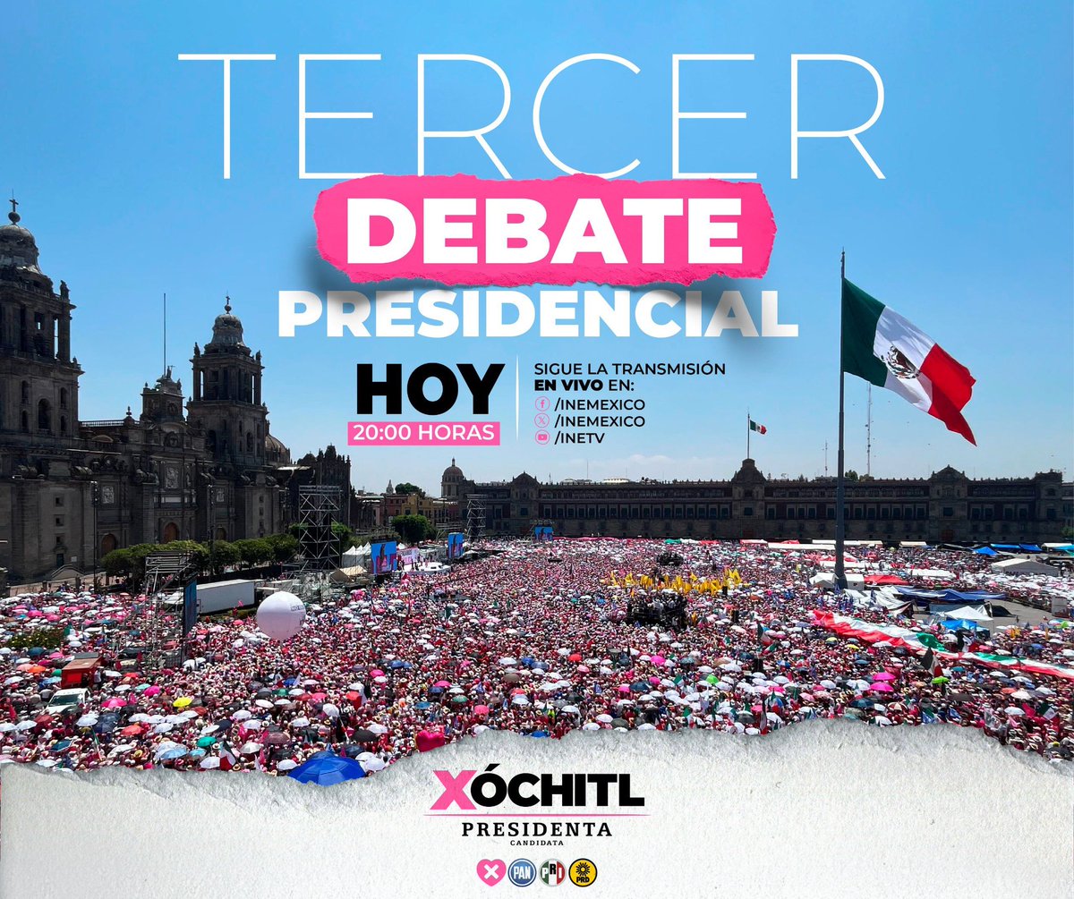 Vamos a ganar este tercer #DebateINE    y vamos a ganar el 2 de junio. Acompáñanos a las 8 de la noche. ¡Necesitamos de todo tu apoyo! #XóchitlGálvezPresidenta #DebateINE