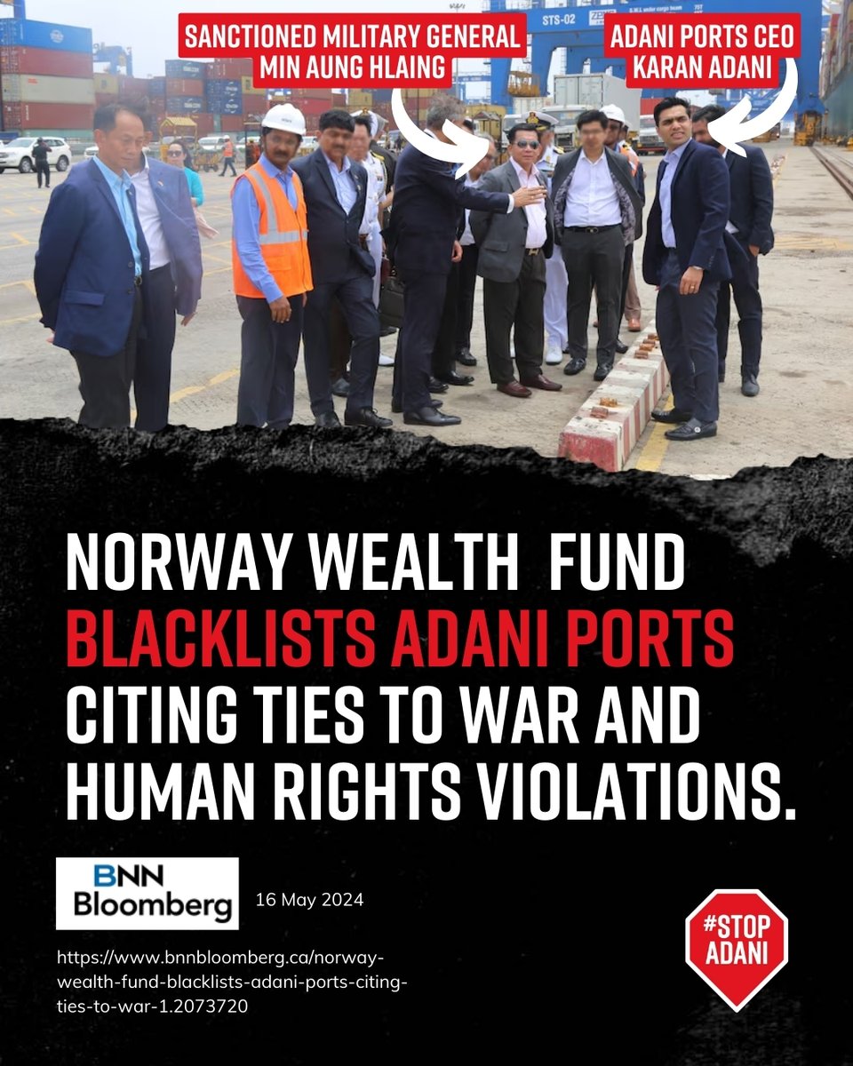 💥@NorgesBank has blacklisted @Adaniports citing unacceptable risks the company is tied to human rights violations in war and conflict zones. All financial institutions that don't wish to sponsor war crimes and human rights abuses should follow suit. #StopAdani [1/2]