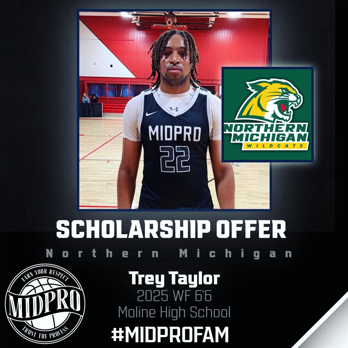 2025 WF 6’6 Trey Taylor has received a scholarship from Northern Michigan (D2). @TreyTaylor_22 

#MidProFam #ThisIsWhatWeDo #TrustTheProcess #EarnYourRespect