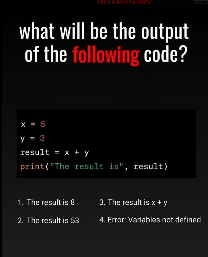 Python Question / Quiz;
What is the output of the following Python code, and why? 🤔🚀 Comment your answers below! 👇

#python #programming #developer #morioh #programmer #coding #coder #webdeveloper #webdevelopment #pythonprogramming #pythonquiz #machinelearning